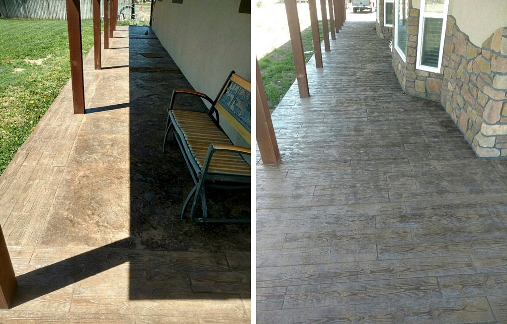 Before and after example of stamped concrete walkway with wood-plank texture