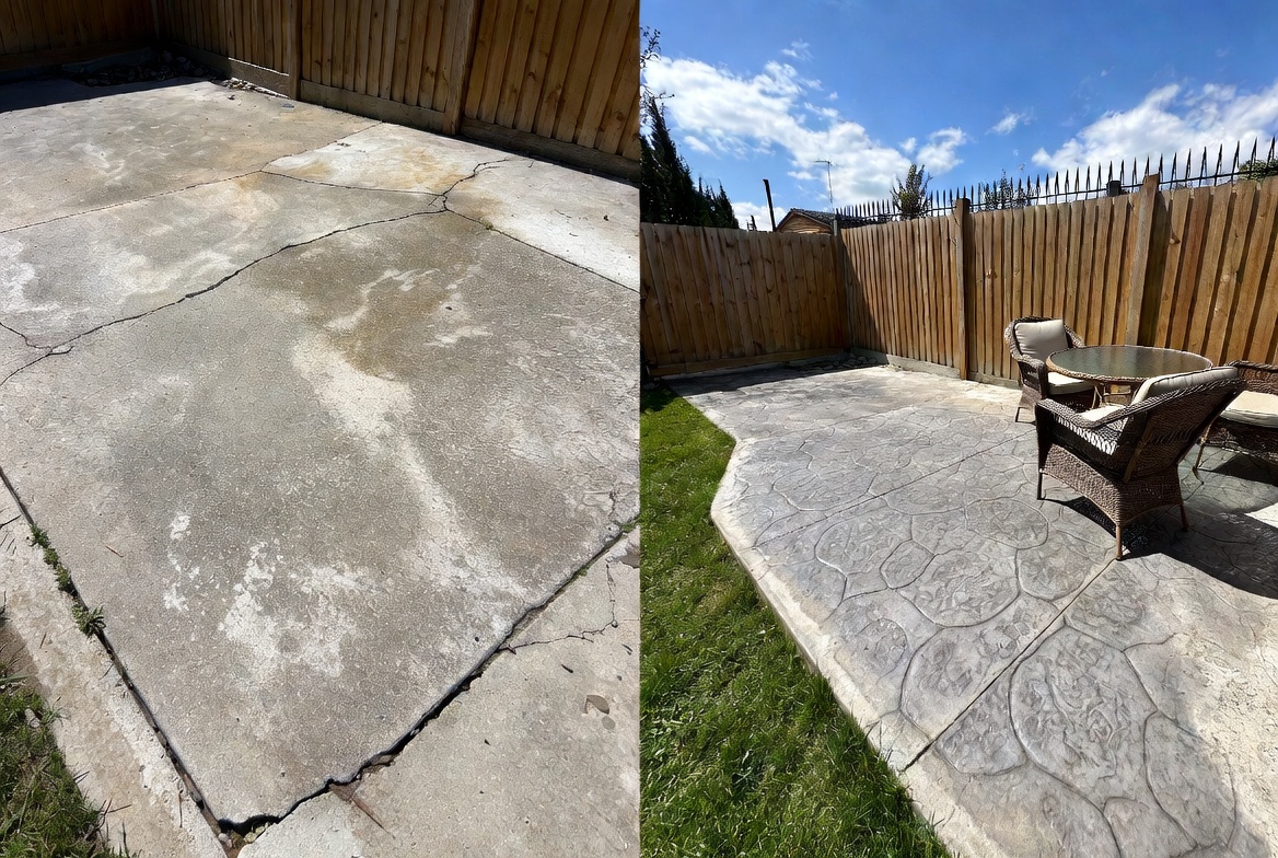 Example of deteriorated concrete replaced with a new stamped patio surface